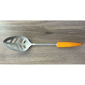 Vtg Androck Slotted Serving Spoon, Catalin Bullet Handle Stainless, USA, 1930s